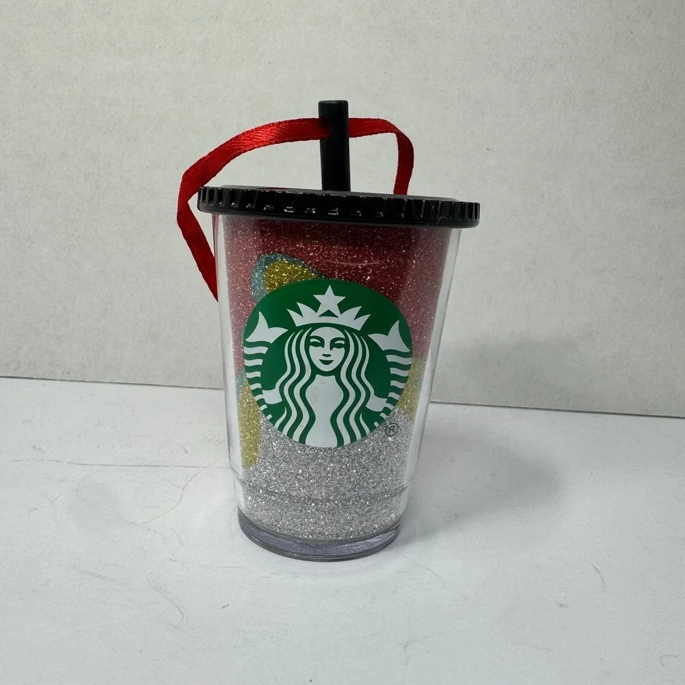 Starbucks 2012 Multi Color Glitter Cold Cup Christmas Ornament Red Ribbon Logo‎